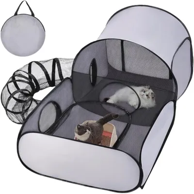 Produktbild von Faltbarer, tragbarer Katzenspielplatz mit Freigehege und Spielzelt für Welpen, Kätzchen und Kleintiere im Innen- und Außenbereich