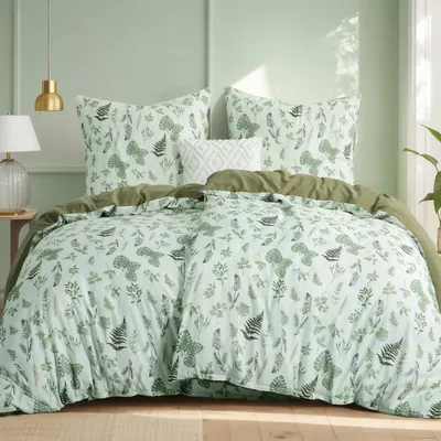 Immagine prodotto di Set di lenzuola composto da 4 pezzi, in microfibra, colore verde, motivo floreale, dimensioni: lenzuolo copripiumino 135x200 cm, 2 federe 80x80 cm.  ÖKO-TEX, chiusura con cerniera
