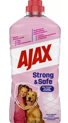 A bottle of AJAX Strong & Safe Universal Floor Cleaner with a picture of a girl and a dog on the label.
