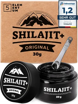 Produktbild von Shilajit Original Himalaya Harz – 85% Fulvinsäure – Mit 87 + natürlichen Mineralien – Reines Mumijo aus Indien – Vegan, Glutenfrei, Labor (Eurofins) – 30 g = 60 Tage Vorrat