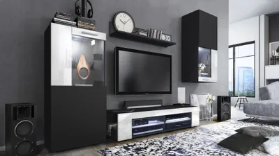 Produktbild von Vladon Wohnwand Movie, Anbauwand bestehend aus 1 TV-Board, 2 Vitrinen und 1 Regal, Schwarz matt/Schwarz matt/Weiß Hochglanz, inkl. LED-Beleuchtung weiß (Gesamt: 300 x 190 x 39 cm)