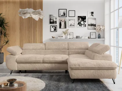 Produktbild von Ecksofa Sofa Ivory, Wohnlandschaft L-Form mit Schlaffunktion und Bettkasten, Schlafsofa mit Bettkasten, Sofa mit Einstellbare Kopfstützen, Peter L - Ivory Plüsch - Rechts Ivory