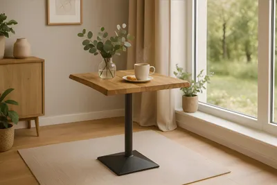 Produktbild von Bistrotisch INES | 60 x 60 cm | Mangoholz massiv | Farbe: Natur | Baumkante | Säulen-Gestell Metall Schwarz | Baumkantentisch/Säulentisch/Esstisch für Küche, Café & Essbereich