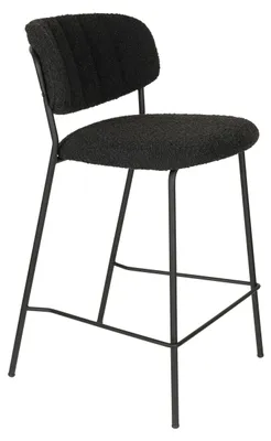 Barhocker Jolien im 2er-Set mit schwarzem Bouclé-Bezug und schwarzem Metallgestell, Gesamtansicht von vorne.