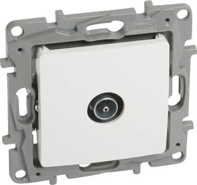 A close-up, angled view of a white TV socket with a silver connector, mounted on a gray plastic frame.