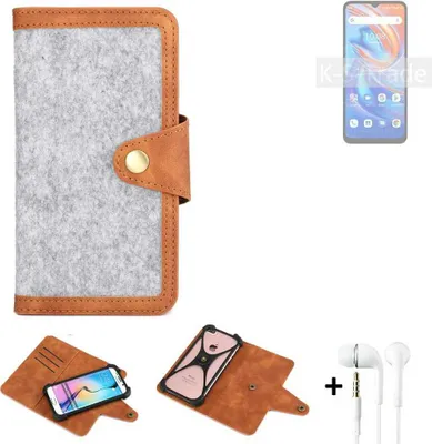 Produktbild von K-S-Trade Handyhülle + Kopfhörer kompatibel mit UMIDIGI A13 Schutzhülle Filz Hülle Kunstleder hellgrau braun (1x)