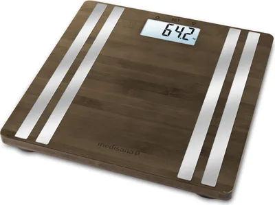 Imagen del producto de Báscula electrónica para personas, rectangular, de bambú y color plateado, modelo Medisana BS 552