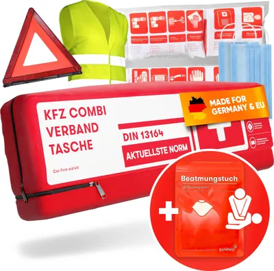 Produktbild von PURAHELP KFZ Kombitasche nach aktueller Norm 2025 DIN 13164 (StVO konform) - Inkl. Warndreieck, Warnweste - Verbandskasten Warndreieck Set Auto 2025