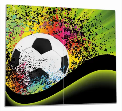 Produktbild von Wallario Herdabdeckplatte aus Glas, Größe 60 x 52 cm 2-teilig, Motiv Fußball - Design Wellen und Regenbogen in grün