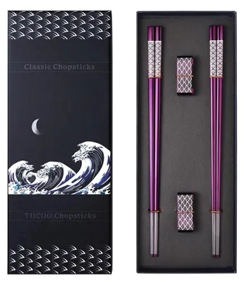 Produktbild von Essstäbchen Edelstahl 2 Paar mit Ständer Spülmaschinenfest Violett Japanisches Design