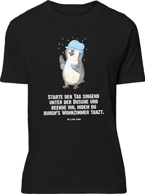 Produktbild von Mr. & Mrs. Panda Größe L T-Shirt Pinguin Duschen - Schwarz - Geschenk, Duschkonzert, Lebensmotto, Shirt, Dusche, glücklich sein, Singen, Baden, mit Spruch, Tshirt