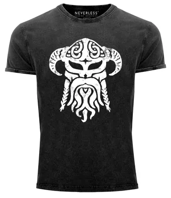 Produktbild von Herren Vintage Shirt Viking Wikinger Helm Nordmänner Printshirt T-Shirt Aufdruck Used Look Slim Fit Neverless® schwarz XL