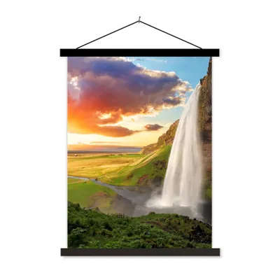 Produktbild von MuchoWow® Textilposter Wasserfall - Felsen - Sonnenuntergang - Berge - Orange 40x53 cm mit schwarzem Rahmen - Abbildung