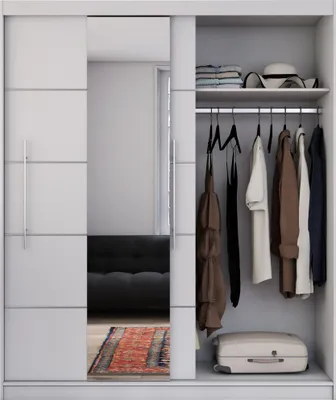 Produktbild von Schwebetürenschrank Kleiderschrank Schrank Garderobe Torino mit Spiegel und Zierleisten WEISS/WEISS 200cm