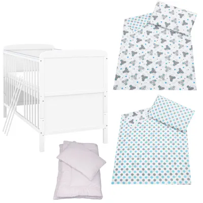 Produktbild von Baby-Delux Babybett Kinderbett Natalie Umbaubar 140x70 Weiß Bettset 4-Tlg Komplett Maus