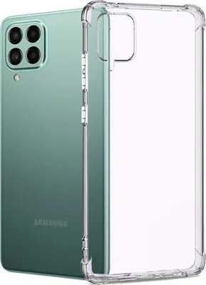A transparent phone case is shown next to a green Samsung Galaxy M33 5G phone.