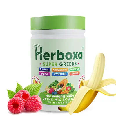 Image de Herboxa SUPER GREENS - Poudre détoxifiante aux bienfaits des légumes verts - Contient de la racine de chicorée et du zinc - Saveur banane-framboise - 50 portions