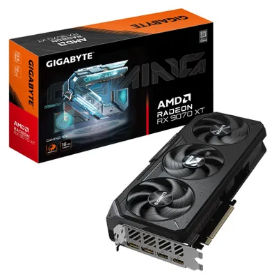 Image de Carte graphique GIGABYTE Radeon RX 9070 XT GAMING 16G - 16 Go GDDR6. 256 bits. PCI-E 5.0. Fréquence du GPU : 2 970 MHz. 2 ports DisplayPort 2.1a. 2 ports HDMI 2.1b. GV-R9070XTGAMING-16GD