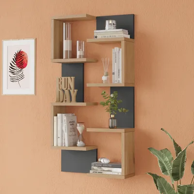 Zdjęcie produktu dla Półka ścienna 'Omn' zestaw 2 półek wiszących 93 x 24 x 15 cm z 4 półkami każda Wygląd drewna / antracyt