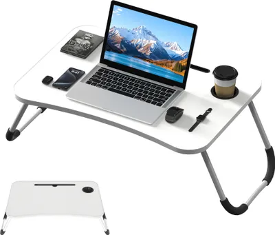 Produktbild von UISEBRT Weiß Klappbarer Laptoptisch für Bett & Sofa 60 x 40 x 28 cm, Multifunktionaler Notebook Tisch mit Getränkehalter, Tisch Slot und Cup Slot, Leichter MDF Tisch für Couch und Boden