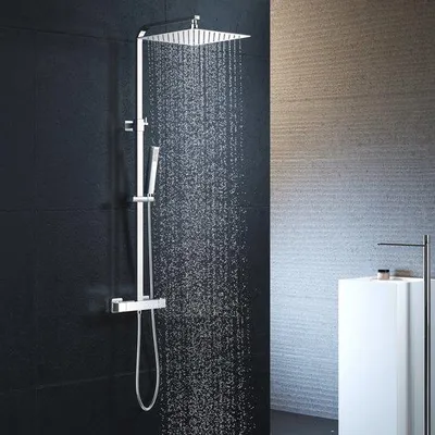 Obrázok produktu pre Ibenzoa® Sprchový systém s termostatickou batériou, štvorcová sprchová hlavica 25 × 25 cm (nerezová oceľ 304), nastaviteľná sprchová tyč 750–1220 mm, chrómový povrch, kompletná sada