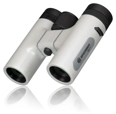 A pair of white binoculars is shown against a white background.