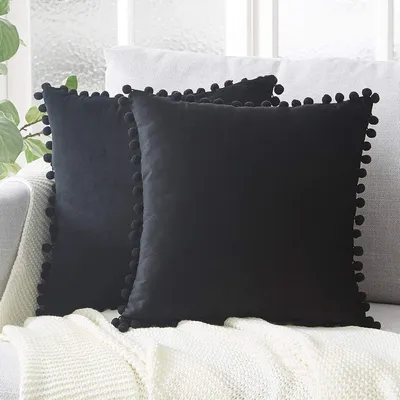 Produktbild von 2er Set Samt Kissen mit Pompoms Einfarbig Kissenbezüge Dekorative Kissenhülle Kopfkissen Sitzkissen Dekokissen Couchkisen für Sofa Schlafzimmer Büro Auto 45X45cm