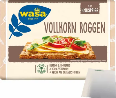 Produktbild von Wasa Vollkorn Knäckebrot kernig knusprig 100% Vollkorn reich an Ballaststoffen (1x260g Packung) + usy Block