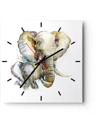Produktbild von Wanduhr - Quadrat - Glasuhr - Elefanten tier safari afrika - 30x30cm - Schleichendes Uhrwerk - Lautlos - zum Aufhängen bereit - Dekoration Modern - Wanddekoration aus Glas - C3AC30x30-2884