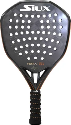 A black and orange padel racket is shown against a white background.