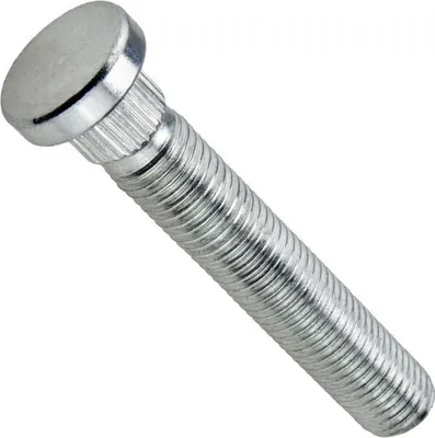 A single metal bolt with a threaded shaft and a round head with serrations.