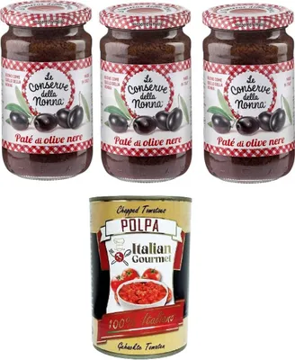 Produktbild von Le Conserve Della Nonna - Patè di Olive Nere Schwarze Olivenpastete - 3 Gläser à 190 g+ Italian Gourmet polpa 400g