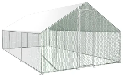 Immagine prodotto di Recinto esterno per galline Ikodm, dimensioni 3 x 6 x 2 metri, superficie di 18 m², tetto a spiovente, struttura in acciaio zincato da 25 mm, rete in plastica verde e telo protettivo in polietilene bianco
