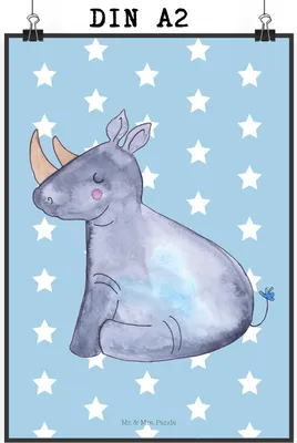 Produktbild von Mr. & Mrs. Panda Bild Einhorn Nashorn DIN A2 - Blau Pastell - Geschenk, Lustig, drucke, Zoo, Nashörner, Wanddekoration, Regenbogen, Unicorn, Plakat, Witzig, wanddeko
