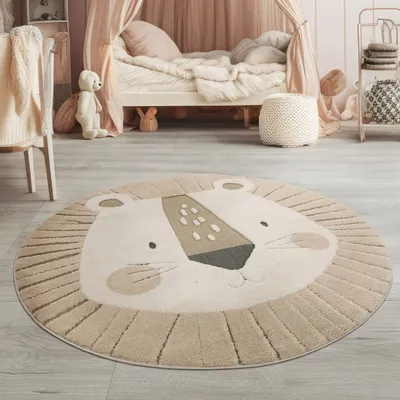 Produktbild von TT Home Kinderteppich Rund, Spielteppich Erdtöne, 3D Design Löwen, Robust & Modern für Jungen und Mädchen Größe 120 cm Rund