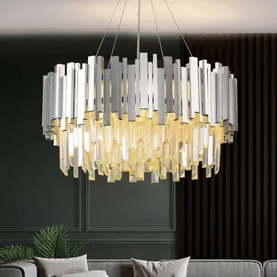 Image de Lustre en cristal moderne, lampe suspendue en cristal argenté, 9 douilles E14, idéale pour le salon, la salle à manger ou la chambre
