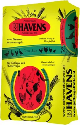 A yellow bag of animal feed with illustrations of birds and text.