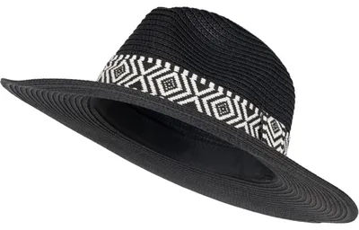 Produktbild von styleBREAKER Damen Panama Sonnenhut Einfarbig mit Stoff Hutband mit Azteken Muster, Strohhut, Schlapphut, Sommerhut, Fedora Hut 04025046