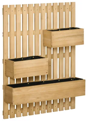 Produktbild von Blumenkasten-Set Wandmontage 3 abnehmbare Kästen Tannenholz Rankgitter Drainagelöcher Stoffauskleidung Natur 60 x 16 x 80 cm