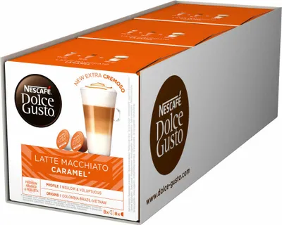 A box of Nescafé Dolce Gusto Caramel Latte Macchiato coffee capsules.