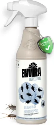 A spray bottle of Envira Silberfisch Abwehrspray, with a green shield logo and images of silverfish.