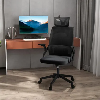 Produktbild von Bürostuhl ergonomisch Mesh, Schreibtischstuhl höhenverstellbar, Netz-Rückenlehne, Schwarz | 60 x 61 cm | Kopfstütze | Lendenstütze