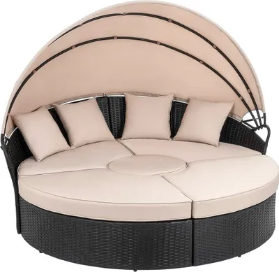 Produktbild von Mucola Sonnenliege Strandkorb Sonneninsel 180CM Tisch Polyrattan Gartenmuschel Set Gartenmöbel Sitzgarnitur Sunbed Kissen Beige - Schwarz