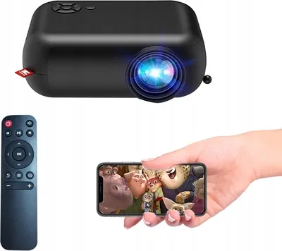 A projector, remote control, and a smartphone displaying a movie are shown.