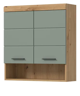 Produktbild von Bad Hängeschrank "Shawn" in Salbei grün und Eiche, Badschrank 2-türig 74 x 79 cm