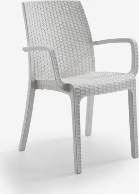 A white plastic chair with a woven texture.