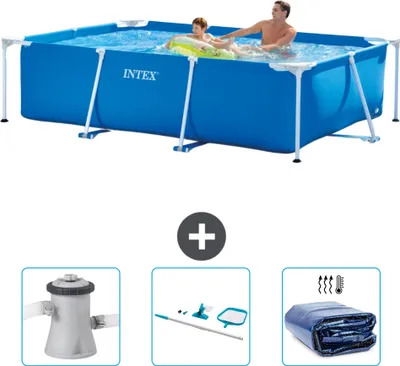 Produktbild von Intex-Schwimmbecken mit rechteckigem Rahmen – 260 x 160 x 65 cm – Blau – im Lieferumfang enthalten Filterpumpe für Schwimmbad - Reinigungskit - Sonnensegel