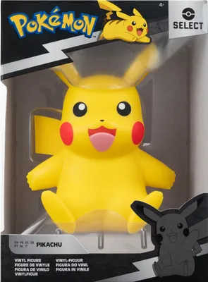 A Pikachu vinyl figure is displayed in its retail packaging. The packaging is clear plastic, allowing the figure to be seen. The Pokémon logo and the word 'SELECT' are visible at the top. Text indicating the product name 'PIKACHU' and 'VINYL FIGURE' is pre