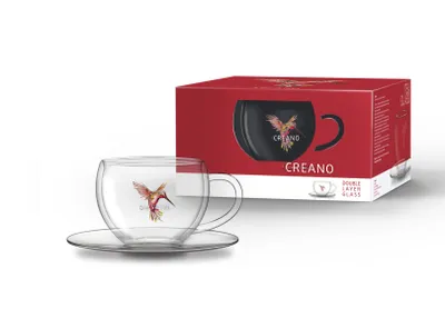 Produktbild von Creano Thermo-Tasse "Hummi" für Tee/Latte Macchiato, doppelwandig, mit Kolibri-Muster | 250ml in exklusiver Geschenkpackung, Rot