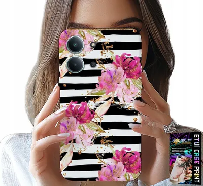 Produktbild von Etui Do Xiaomi Redmi 15C 4G 5G - Kwiatki W Czarno - Białe Paski Wzory